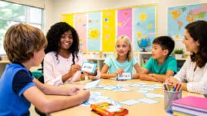 Classroom teacher working with a small group of engaged students during an advanced learning activity using maths flash cards and collaborative discussion.