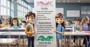 Pupils holding up classroom rules list